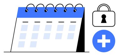 Güvenli ve sağlıkla ilgili programlama ihtiyaçlarını gösteren asma kilit ve tıbbi haç simgelerine sahip spiral takvim. Sağlık, planlama, mahremiyet, atamalar, güvenlik, organizasyon için ideal