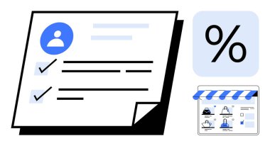 Kullanıcı detaylarına, işaretlere ve yüzde işaretlerine sahip dijital belge, simge resimleriyle birlikte bir mağaza önü ile birlikte. Kullanıcı profilleri, veri görselleştirme, raporlar, çevrimiçi alışveriş, e-ticaret için ideal