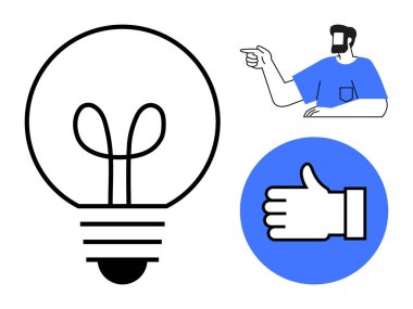 Ampul çizgisi, öne bakan mavi gömlekli bir adama bitişik. Mavi bir çemberin içinde el ikonu var. Fikir, geri bildirim, onay, iletişim, yenilik kavramları için idealdir