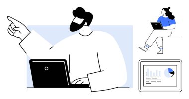 Adam dizüstü bilgisayarla çalışırken işaret ediyor, kadın dizüstü bilgisayarla oturuyor, dijital tablet çizelgeleri gösteriyor. Uzak çalışma, işbirliği, veri analizi, proje yönetimi, teknoloji, iletişim için ideal