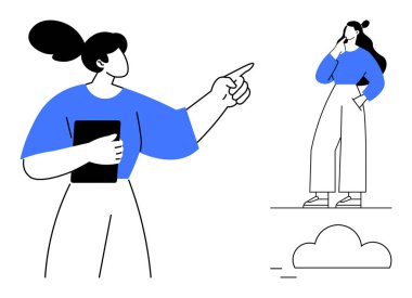 İki kadın gündelik kıyafetlerle, biri tableti gösterip tutarken, diğeri de düşüncelere dalmış. Takım çalışması, liderlik, karar verme, iletişim, problem çözme, rehber beyin fırtınası temaları için ideal