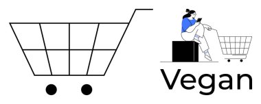 Alışveriş arabasında oturan ve telefonu kullanan biri var. E-ticaret, pazarlama, çevre bilinci, veganlık, online alışveriş, tüketici davranışı, yaşam tarzı için ideal. Modern minimalist soyut çizgi