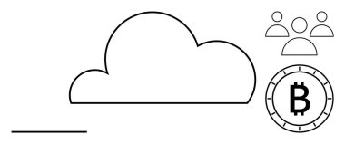 Kripto para birimi bitcoin sembolüne bağlı bulut simgesi ve takım çalışmasını temsil eden üç kullanıcı simgesi. Teknoloji, finans, bulut depolama, kripto para birimi, takım çalışması, çevrimiçi işbirliği, dijital