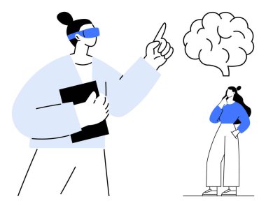 Elinde tablet tutarken beynine nişan alan sanal gerçeklik gözlüklü biri. Başka biri düşünüyor. Yenilik, teknoloji, sanal öğrenme, eğitim, gelecek, dijital devrim, yaratıcılık için ideal