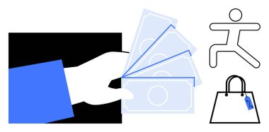 El ele tutuşan para, koşan kişi ikonu, sapında etiket olan alışveriş çantası. E-ticaret, perakende, ticari işlemler, tüketici davranışları, çevrimiçi alışveriş, harcama alışkanlıkları için ideal