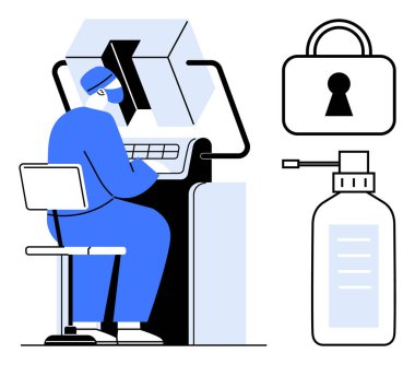 Başlık takan bir tıp çalışanı, bilgisayarın başında oturan, sıvıyla şişelenmiş bir şişe ve anahtar delikli bir asma kilit. Sağlık, tıbbi güvenlik, COVID-19, tele sağlık, siber güvenlik, hastane süreçleri için ideal