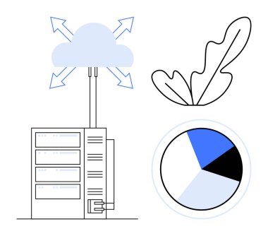 Merkezi sunucular buluta yönelimli oklarla bağlı, soyut yaprak, mavi ve siyah pasta grafiği. Teknoloji için ideal, bulut hesaplama, veri depolama, ekolojik bilinç teknolojisi, analitik
