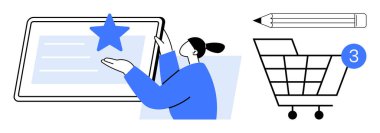 Müşteri, dijital ekrandan üç yeni eşya ve bir kalem çizimini gösteren bir alışveriş arabasının yanındaki ürünü seçer. E-ticaret, çevrimiçi alışveriş, dijital pazarlama, müşteri etkileşimi için ideal