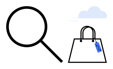 Açık mavi bulutun altında mavi etiketli bir alışveriş çantasının yanında büyük siyah büyüteç. E-ticaret, perakende, fiyat karşılaştırması, çevrimiçi alışveriş, piyasa araştırması ve tüketici için ideal