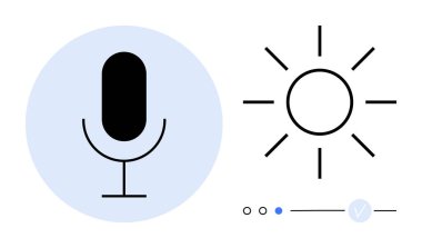 Microphone icon in blue circle beside sun symbol representing brightness control. Ideal for user interfaces, technology apps, audio management, accessibility, voice commands, settings design, media clipart