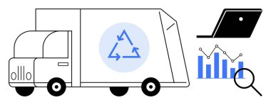 Geri dönüşüm işareti, dizüstü bilgisayar, bar çizelgesi, büyüteç taşıyan teslimat kamyonu. Sürdürülebilirlik, lojistik, geri dönüşüm, veri analizi, teknoloji çevre bilinci akıllı çözümler için idealdir