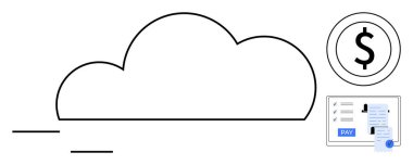 Dolar işareti simgesinin yanında çizgiler ve ekranda online ödeme olan bulutlar. Bulut hesaplama, veri depolama, çevrimiçi finans, dijital işlemler, e-ticaret, fintech, teknoloji için ideal