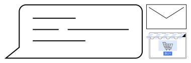 Metin satırlı konuşma balonu, e-posta için zarf simgesi ve alışveriş arabalı mağaza simgesi ve satın alma düğmesi. Pazarlama, eCommerce, müşteri ilişkileri, dijital iletişim, teknoloji için ideal