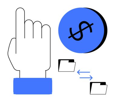 Yukarıya doğru uzanan mavi kollu büyük bir el, mavi dairede işaretli dolar işareti, değiş tokuşu simgeleyen oklu iki dosya klasörü. Finans, bütçe, dijital değişim ve kullanıcı için ideal