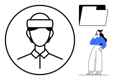 Kulaklıkları daire şeklinde olan tek renkli insan simgesi, siyah beyaz klasör simgesi ve modern kıyafetli düşünceli bir insan. İş için ideal, insan kaynakları, veri yönetimi, teknoloji, kariyer