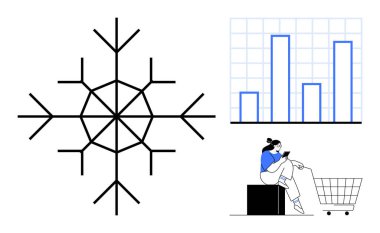 Bar grafiğinin yanında büyük bir kar tanesi ve telefonunda alışveriş arabasının yanında oturan biri. Mevsimsel analiz, tüketici davranışı, pazar eğilimleri, kış alışverişi, satış verileri, tatil perakendecileri için ideal