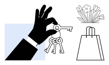 Çiçekler ve alışveriş çantasının yanında, el tutucu anahtarlar. Ev güvenliği, emlak, alışveriş, doğa, yaşam tarzı, güvenlik ve mülkiyet temaları için ideal. Satır metaforu