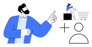 Erkek gösterme, kadın online alışveriş, alışveriş arabası, artı işareti, avatar ikonu. E-ticaret, kullanıcı deneyimi, tüketici davranışı, çevrimiçi müşteri geribildirimi dijital pazarlama için ideal