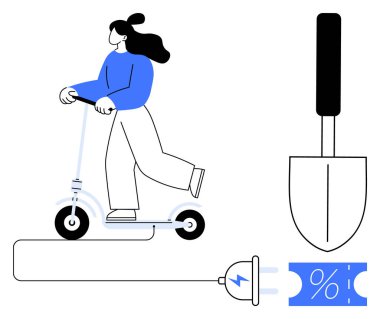 Mavi elbiseli, elektrikli scooter kullanan biri gezintiden zevk alıyor. Bitişik eşyalar arasında bir bahçe küreği, elektrik prizi ve indirim bileti var. Kentsel hareketlilik, bahçıvanlık, tasarruf, promosyon için ideal