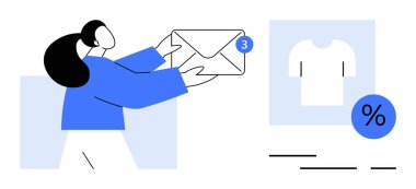 Üzerinde bildirim sembolü olan büyük bir zarf tutan kişi tişört ve yüzde sembolünün yanında duruyor. E-posta pazarlama, promosyon, e-ticaret, online alışveriş, bülten, perakende satış için ideal