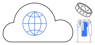İçinde küresel bağlantıyı temsil eden bir küre olan büyük bir bulut. Madeni para maddi açıdan vurgulanıyor askılardaki giysiler e-ticareti işaret ediyor. Çevrimiçi iş, bulut hizmetleri ve finans için ideal