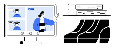 Bilgisayar ekranında eğitmen ve internetteki iki öğrenci var. Sohbet baloncukları, kitaplar ve stadyum koltukları. E-öğrenim, uzaktan eğitim, çevrimiçi seminerler, uzaklık eğitimi, akademik