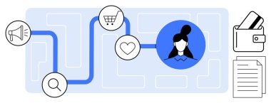 Magnifying glass, megaphone, shopping cart, heart, and wallet icons connected to a female customer avatar. Ideal for marketing, e-commerce, customer experience, product design customer engagement clipart