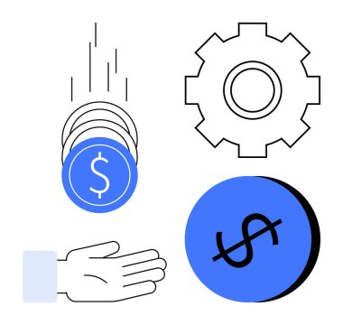 Dolar işaretli paralar bir ele, bir çarka ve büyük bir madeni paraya düşer. Finans, yatırım, para yönetimi, iş süreci, ekonomik stratejiler, işlemler için ideal para birimi