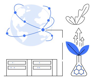 İki sunucu yığını, birbirine bağlı düğümlü dünya ve ok ve yapraklı mataradan filizlenen bitki. Sürdürülebilirlik, yenilik, teknoloji, küresel ağlar, büyüme, veri analizleri için ideal