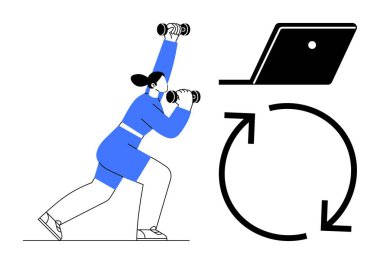 Dambıl kaldıran bir kadın, büyük oklar ve bir laptop. Fitness, dijital sağlık, verimlilik, rutin, sağlıklı yaşam tarzı sanal eğitim motivasyonu için idealdir. Soyut satır düzleştiriliyor