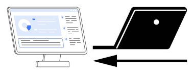Pürüzsüz bir dizüstü bilgisayarın yanında analitik görüntüsü olan bir masaüstü monitörü. Kara ok geçişi gösterir. Teknoloji güncelleme, uzaktan çalışma, dijital dönüşüm, üretkenlik eğilimleri için ideal