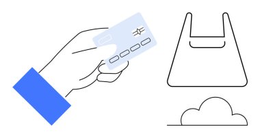 Elinde bir kredi kartı, alışveriş çantası ve bulut simgesi olması çevrimiçi işlemleri, e-ticareti ve dijital ödemeleri simgeliyor. Teknolojik yenilikler için ideal, nakitsiz toplum, kolaylık, çevrimiçi mağaza