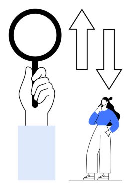 El ele tutuşan büyüteç, yukarı ve aşağı bakan iki ok, mavi gömlekli düşünceli bir insan. İş analizi, karar verme, pazar eğilimleri, iç gözlem, arama, eleştirel düşünme için ideal