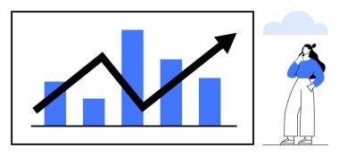 Solunda zikzak çizen bir ok olan bar tablosu. Sağ tarafta tefekkür eden bir kadın var. Ticari büyüme, strateji, düşünme, planlama, analiz, başarı verileri için ideal