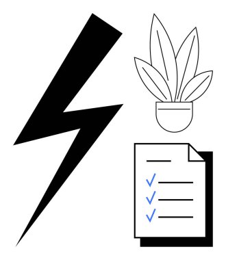 Enerjiyi temsil eden büyük bir yıldırım, sürdürülebilirliği simgeleyen bir saksı bitkisi ve mavi işaretli bir kontrol listesi. Üretkenlik, verimlilik, yenilenebilir enerji ve yeşil girişimler için ideal