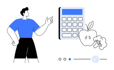 Elma ve brokoli de dahil olmak üzere büyük hesap makinesini ve meyveleri gösteren adam, gıda planlaması ve diyet yönetimini öneriyor. Sağlık uygulamaları, diyet programları, fitness rehberleri, beslenme kılavuzları için ideal
