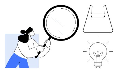Elinde büyüteç tutan bir kadın, alışveriş torbası ve ampulü inceliyor. Araştırma, alışveriş, yenilik, analiz, fikirler, keşif ve sürdürülebilirlik kavramları için idealdir. Minimalist soyut