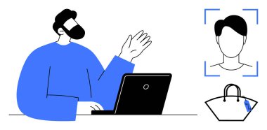Dizüstü bilgisayar kullanan, yüz tanıma ikonu kullanan ve teknoloji ve e-ticaret öneren el çantası olan bir adam. Teknoloji, çevrimiçi tanımlama, güvenlik, e-ticaret, dijital işlemler için ideal