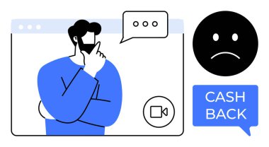 Man with beard thinking in a video call window, speech bubble, and a cash back message with sad face. Ideal for remote work, online consultation, financial refunds, customer service, decision making clipart