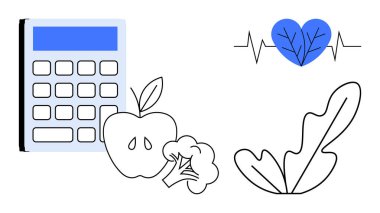 Hesap makinesi, elma, brokoli, yapraklı yeşillikler, EKG çizgileri ve yaprak dokusuyla kalp sağlık, beslenme, sağlık, diyet planlaması kalp sağlığı bütünsel refahı iletir. Sağlık blogları için ideal beslenme