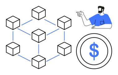 Bir doların yanında birbirine bağlı küpleri gösteren kişi. Engelleme zinciri, kripto para birimi, finans, merkezi olmayan ağlar, dijital para birimi, finans teknolojisi, yatırım için ideal