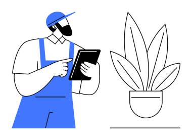 Mavi tulumlu ve kapaklı bahçıvan saksı büyümesini ölçen bir tablet tutuyor. Bahçıvanlık, tarım teknolojisi, akıllı tarım, bitki bakımı, dijital aletler, modern bahçıvanlık için ideal