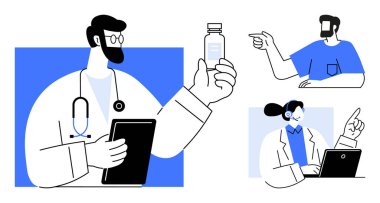 Teknoloji ve tıpla ilgilenen üç tıp uzmanı ellerinde bir tablet, işaret ediyorlar ve bir dizüstü bilgisayar üzerinde çalışıyorlar. Sağlık, takım çalışması, teknoloji, danışma ve sanal toplantılar için ideal