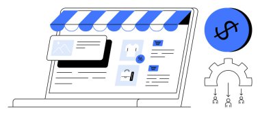 Laptop vitrininde ürün resimleri, alışveriş arabası ve indirim yüzdesi var. Mavi para ve teçhizat aşağıda. Çevrimiçi alışveriş, e-ticaret platformları, dijital pazarlama, perakende satış için ideal