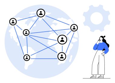Birbirine bağlı kullanıcı simgeleriyle dolu bir dünya, yanında mavi beyaz giyinmiş düşünceli bir kadın, vites kutusu sembolü. Takım çalışması, ağ oluşturma, küreselleşme, iletişim, işbirliği, teknoloji stratejisi için ideal