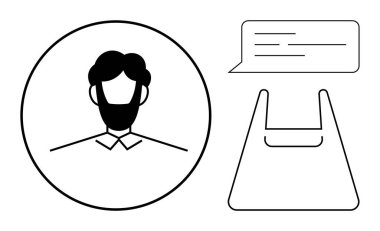 Çemberdeki insan avatarı, çizgili konuşma balonu, soyut alışveriş çantası şekli. İletişim, diyalog, müşteri hizmetleri, kimlik, sosyal etkileşim, perakende e-ticaret tüketicisi için ideal