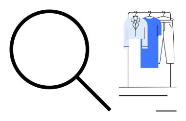 Askılardaki giysi parçalarının yanında büyüteç. Gömlek, elbise ve pantolon da dahil. Çevrimiçi alışveriş, moda analizi, perakende satış, ürün denetimi, kalite kontrolü için ideal