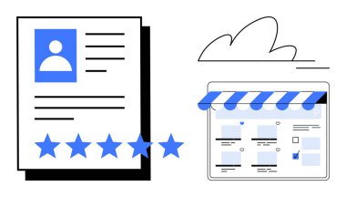 Beş yıldızlı bir müşteri profili ve çizgili tenteli bir online mağaza önü mükemmel müşteri geribildirimi ve dijital bağlılık sergiliyor. Müşteri değerlendirmesi ve itibar için ideal