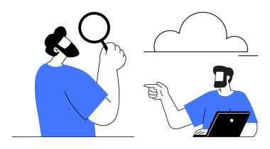 Bulut simgesinin yanında büyüteç tutan bir adam. Başka bir adam dizüstü bilgisayar kullanıyor. Araştırma, takım çalışması, bulut hesaplama, veri analizi, problem çözme, işbirliği, yenilik için ideal