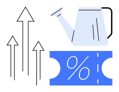 Büyüyen oklar, mavi sulama kutusu ve yüzde sembollü mavi indirim kuponu. İş stratejisi, yatırım büyümesi, yetiştirme başarısı, tasarruflar, mali strateji, promosyonlar için ideal